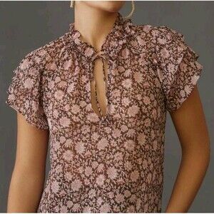 Anthropologie Blouse Women's Size XL V-Neck Flutter-Sleeve Boho Floral Career